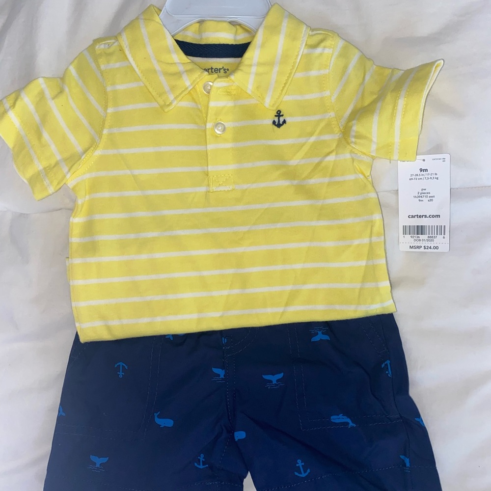 NEW Carter's Baby Boy 2-PC Nautical Yellow Shirt Whale Cotton Short 9 Mth